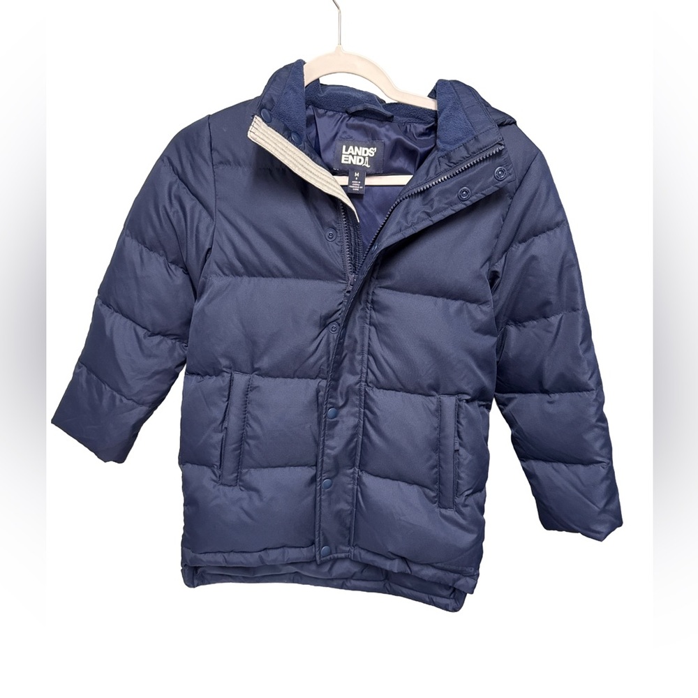 Lands' End Boy’s Medium Size 8 Navy Puffer Coat with Detachable Hood NWOT